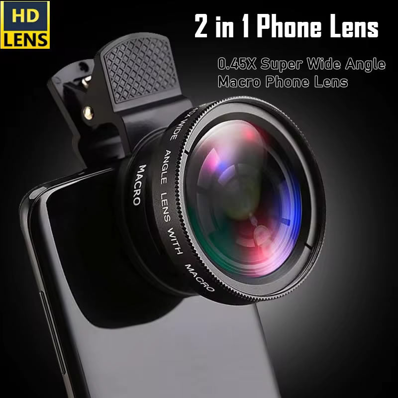 Hochwertiges 2-in-1 Universal-Clip 37mm Handyobjektiv: 0,45x 49UV Super-Weitwinkel + Makro HD, für Smartphones |