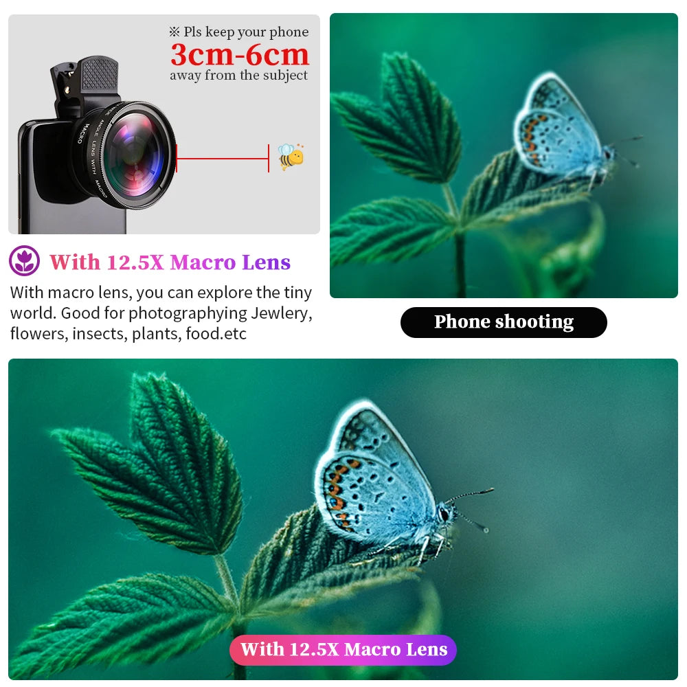 Hochwertiges 2-in-1 Universal-Clip 37mm Handyobjektiv: 0,45x 49UV Super-Weitwinkel + Makro HD, für Smartphones |